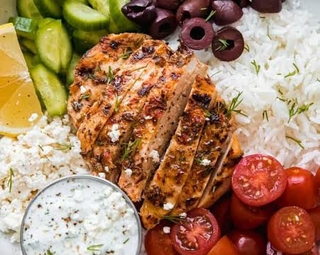 20 Minute Greek Chicken Tzatziki Bowls Meal Prep top view