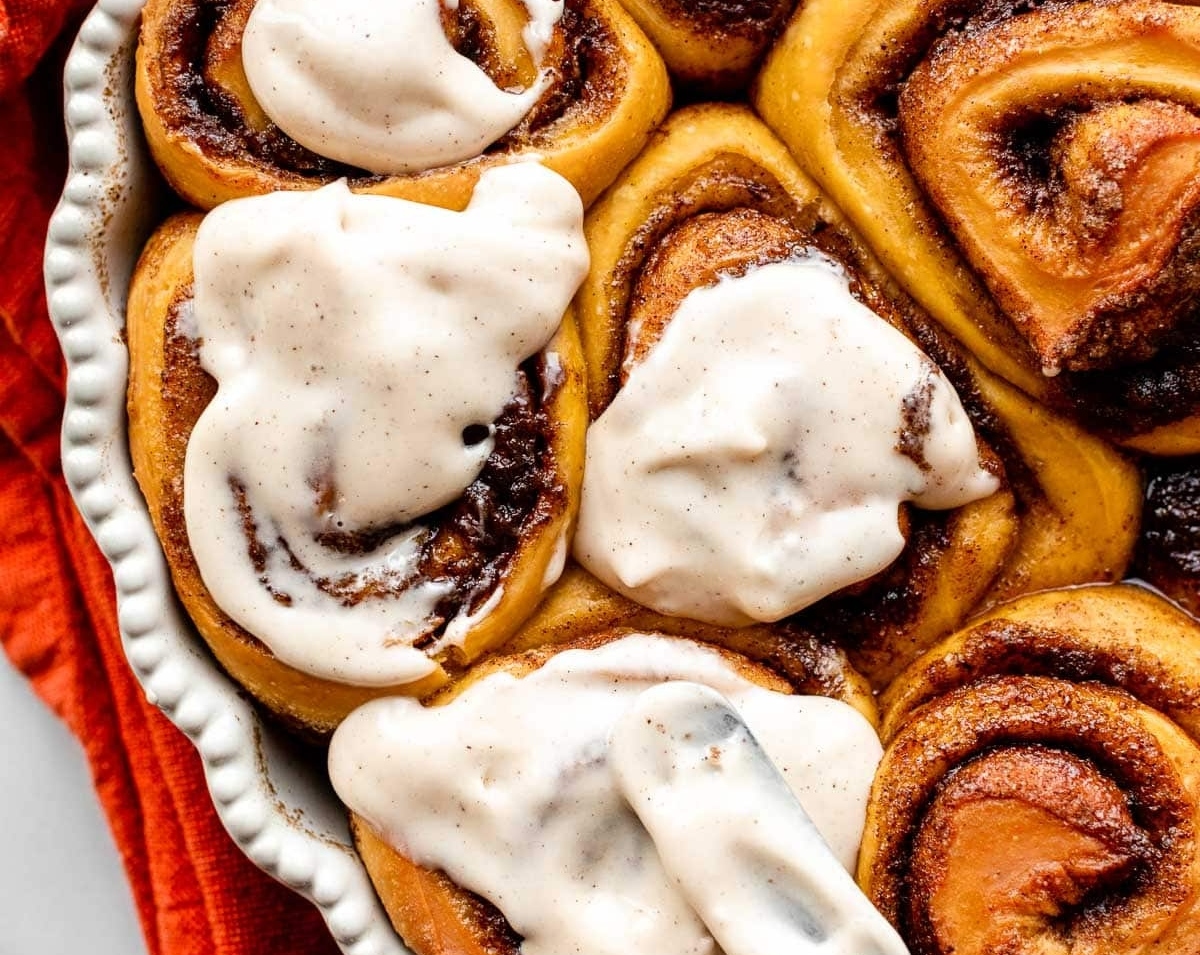 The Best Pumpkin Cinnamon Rolls For Fall Baking top view