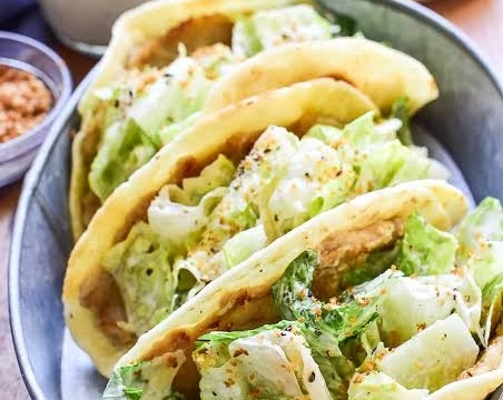 15 Minute Crispy Smash Chicken Caesar Tacos top view