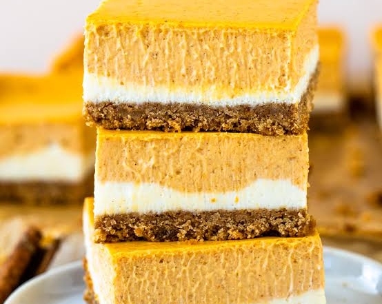 Best Pumpkin Spice Cheesecake Bars with Biscoff Crust top view
