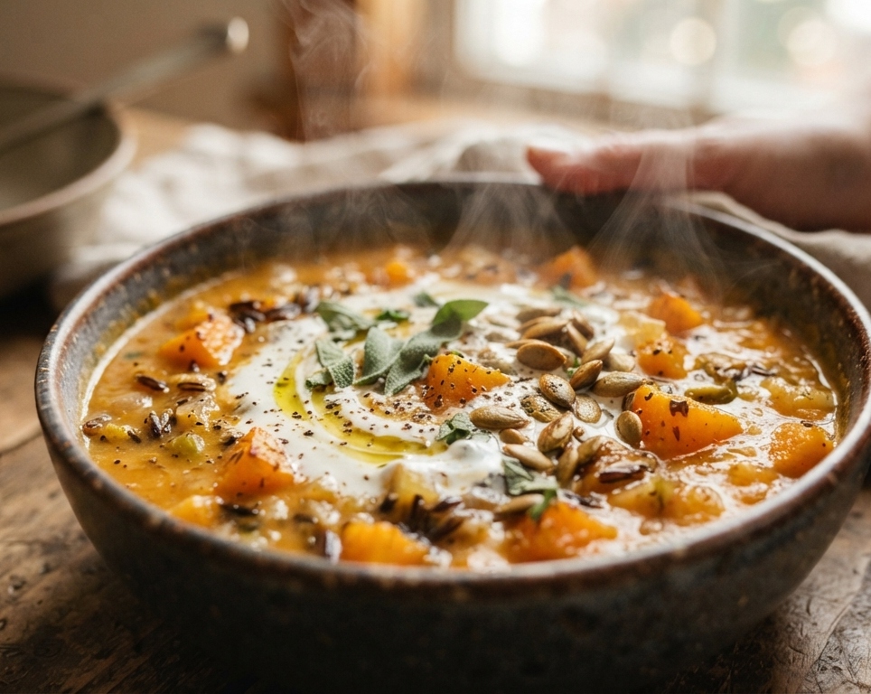 Cozy One Pot Butternut Squash and Wild Rice Soup suggested serving
