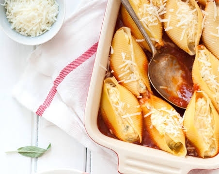 Creamy Pumpkin Ricotta Stuffed Shells Sage Butter Sauce top view