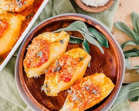 Creamy Pumpkin Ricotta Stuffed Shells Sage Butter Sauce suggested serving