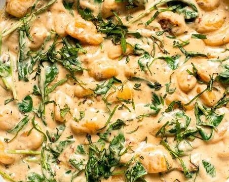 Creamy Tuscan Roasted Red Pepper Gnocchi Comfort Bowl top view