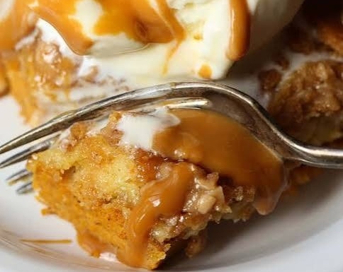 Easy 5 Ingredient Salted Caramel Pumpkin Dump Cake top view