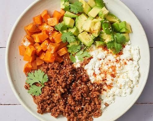 Easy Hot Honey Sweet Potato Beef Bowl Dinner top view