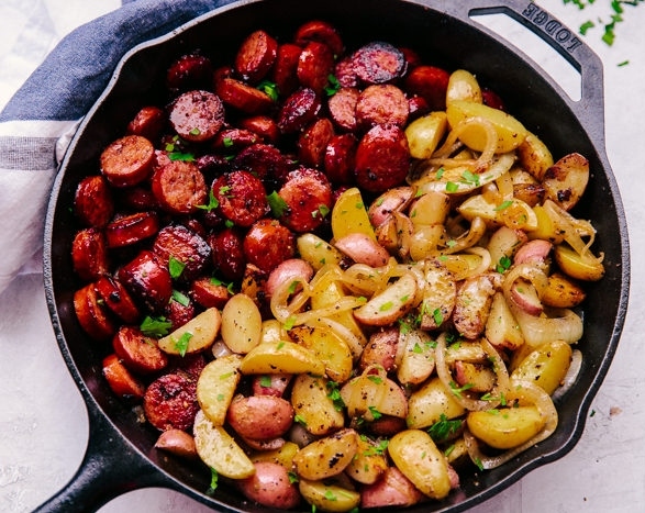 Easy One Pan Cheesy Garlic Butter Sausage and Potatoes top view