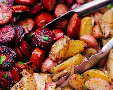 Easy One Pan Cheesy Garlic Butter Sausage and Potatoes suggested serving