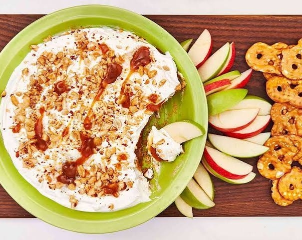 The Best Caramel Apple Cheesecake Dip Recipe Ever suggested serving