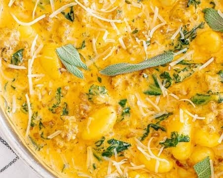 The Best Creamy Pumpkin Sausage Gnocchi Recipe Ever top view