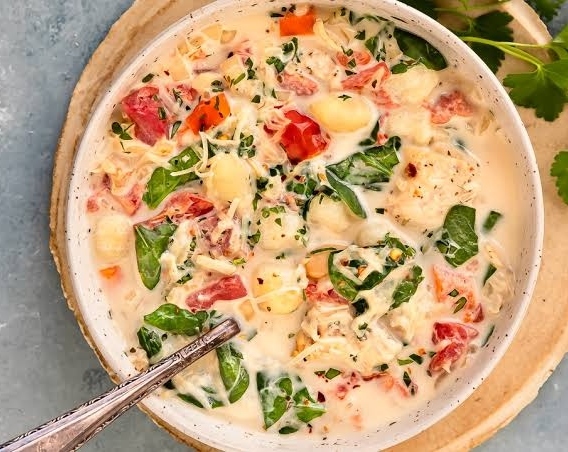 Viral One Pot Creamy Tuscan Chicken Gnocchi Soup top view