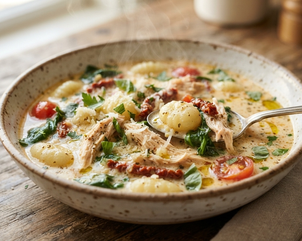 Viral One Pot Creamy Tuscan Chicken Gnocchi Soup suggested serving